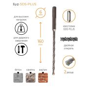 Бур по бетону 6 х 160 мм, SDS PLUS
